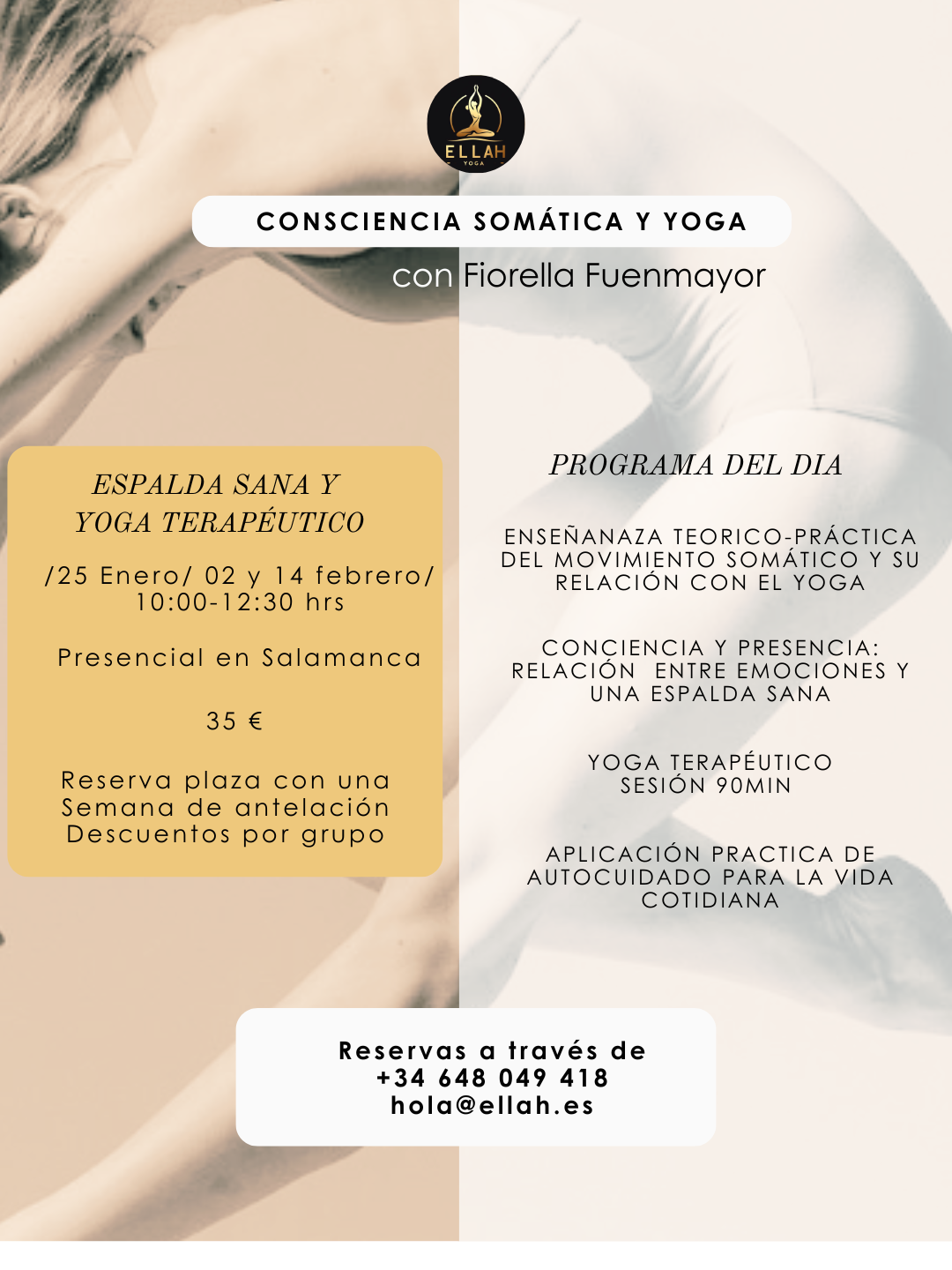 Persona realizando una postura de yoga terapéutico suave para la espalda, como torsión supina o postura del niño, en un entorno tranquilo, mostrando alineación y liberación de la columna vertebral.