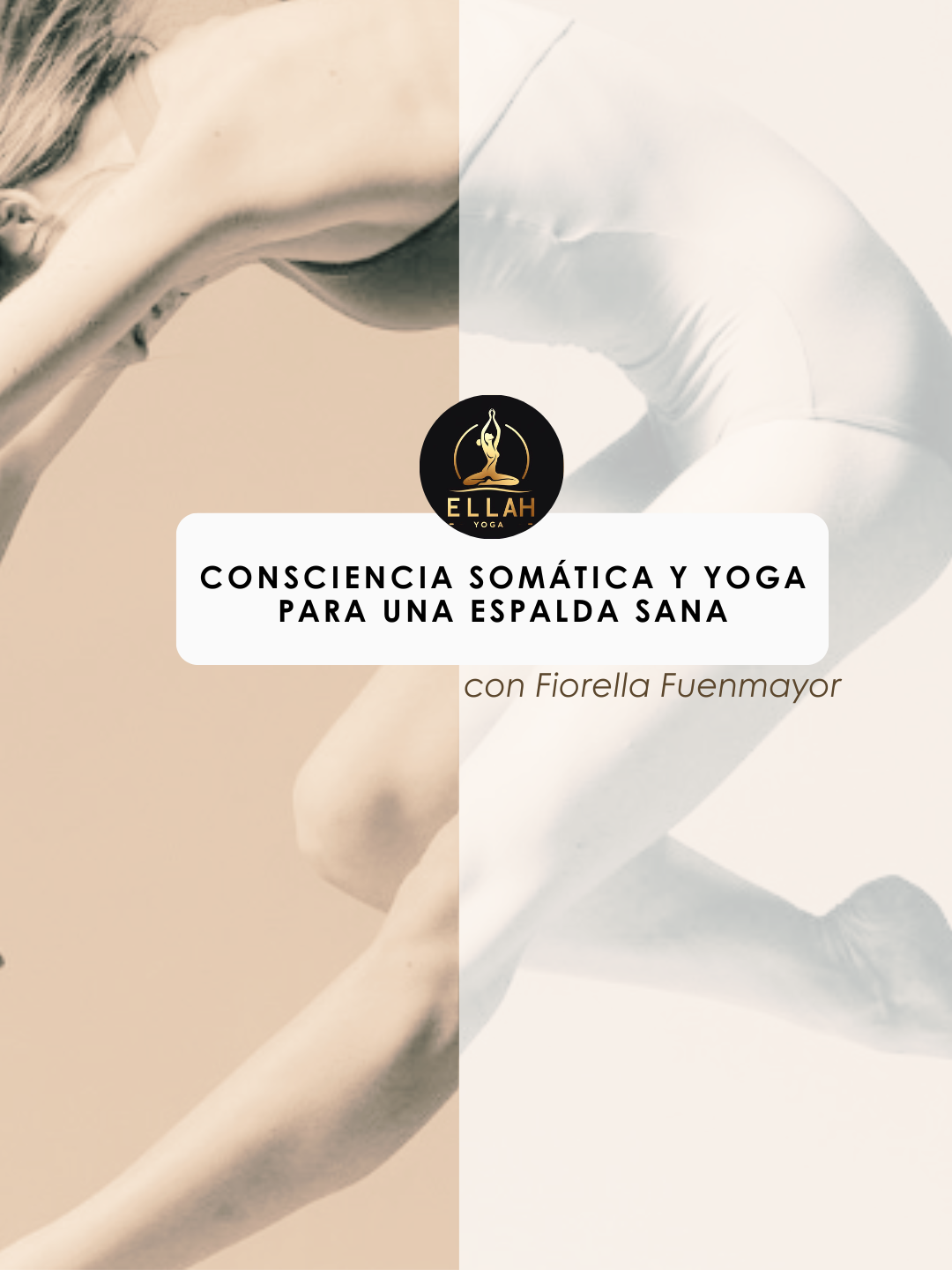 Mujer practicando yoga en un entorno natural con temática de energía femenina, durante un taller.