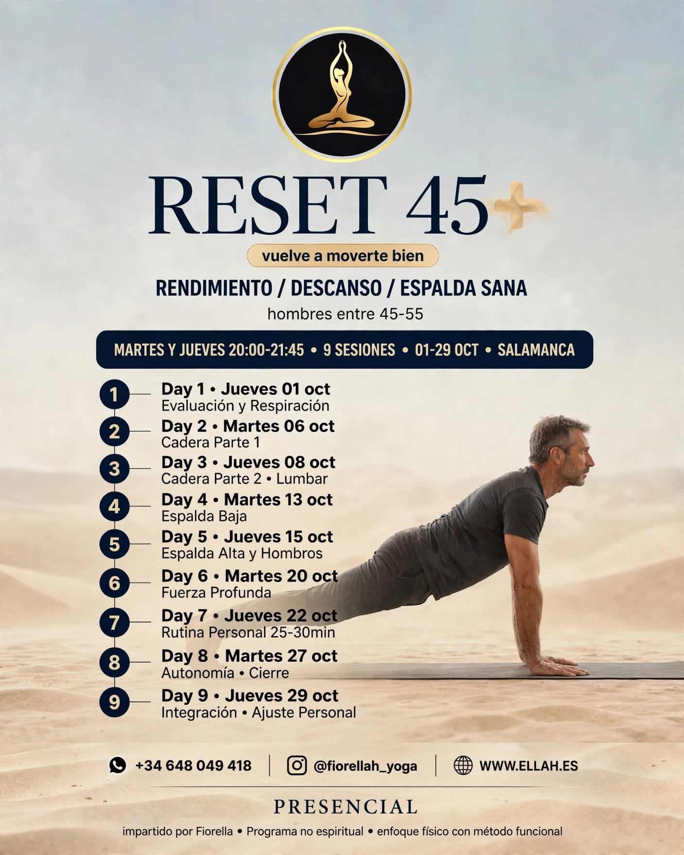Persona realizando una postura de yoga terapéutico suave para la espalda, como torsión supina o postura del niño, en un entorno tranquilo, mostrando alineación y liberación de la columna vertebral.